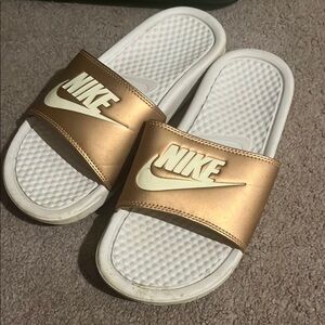 Nike Rose Gold and White Slide Sandals